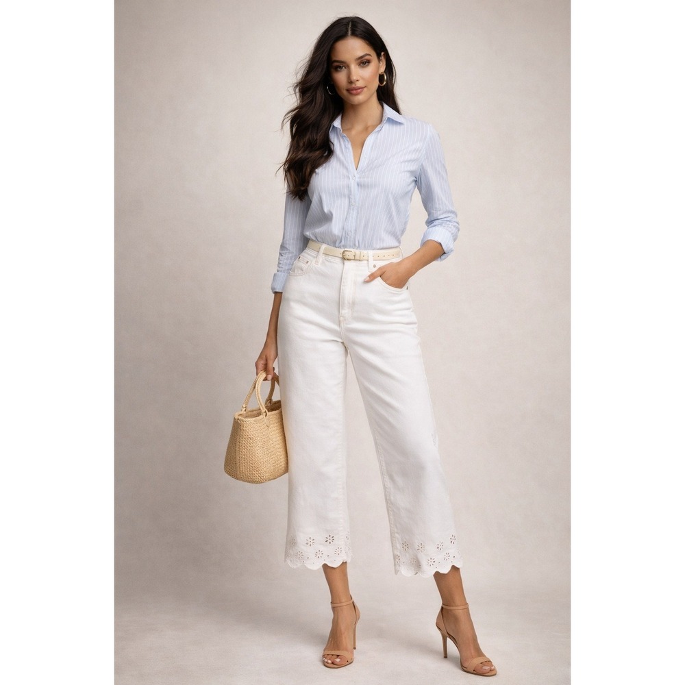 Croft & Barrow Jeans Womens 12 White Wide Leg Eyelet Crop Boho Cottagecore‎ Lace
